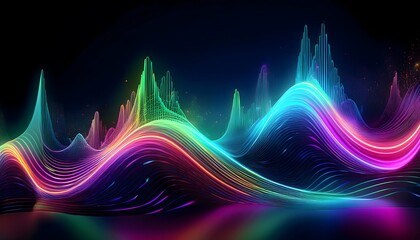 glowing sound waves in neon colors, abstract futuristic interpretation of audio and light in motion