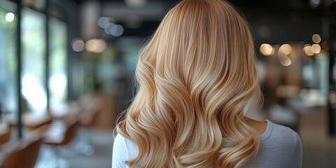 Close-up of wavy blonde hair in a professional salon, showcasing volume and shine, creating a luxurious and stylish atmosphere