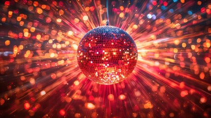 Glowing Red Disco Ball Close-Up with Dynamic Light Trails for a Vibrant Party Atmosphere