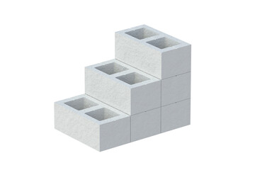 Many rough concrete blocks isolated on white background. Construction cinder brick with holes. Building material. 3d render