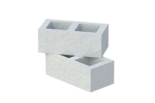Stack of rough concrete blocks isolated on white background. Construction cinder brick with holes. Building material. 3d render
