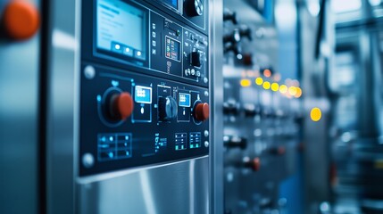 Fototapeta premium Industrial control panel with various buttons and screens in a modern manufacturing facility