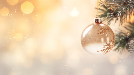 Festive Christmas and New Year holiday banner card with single minmalist ornament hanging from pine branch. with copy space and glitter bokeh. Holiday bokeh background with copy space.