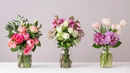 Three flower bouquets in glass vases with pink, white, and purple flowers on a light background. Concept of floral decor and spring celebration