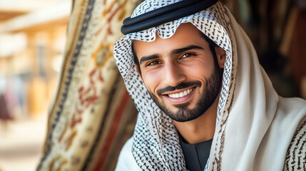  Arabski mężczyznę, który z uśmiechem na twarzy nosi białą szatę.