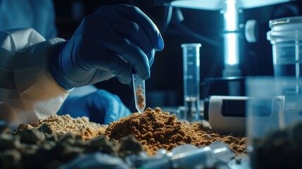 Geological analysis and exploration with soil mineral samples in laboratory test tubes