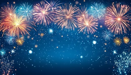 New Year 2025 background banner featuring stunning fireworks against a dark blue sky.