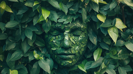 Głowa otoczona liśćmi w różnych odcieniach zieleni ilustruje ideę ekologicznego myślenia.