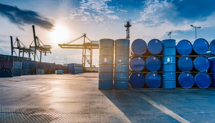 Oil or petroleum drums stacked in the shipping port or pier for exportation or shipment transportation; petrol or petroleum oil drums at the shipping container port yard; industrial photography; ship