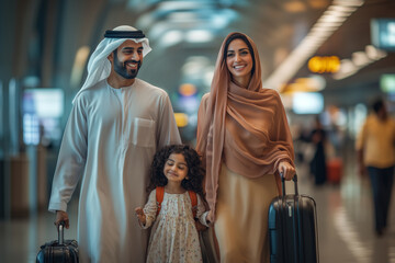 Joyful Arab family exploring the airport, excited for their travel adventure
