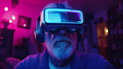Starszy mężczyzna z goglami VR na oczach, który z radością eksploruje wirtualny świat.