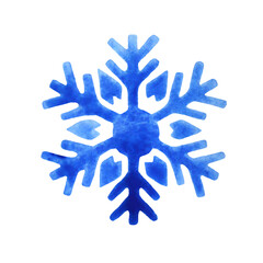 Blue snowflake drawn in watercolor isolated on a white background. Element of Christmas decor.