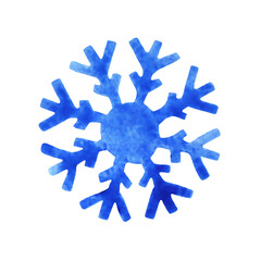 Blue snowflake drawn in watercolor isolated on a white background. Element of Christmas decor.