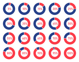 Infographic pie charts set. Round graphs divided into sectors or pieces with percentage. From 5% to 100%. Loading indicator. Process cycle icons for infographics. Vector illustration.