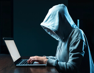 a hacker with a hood on his head and his face hidden in front of a laptop