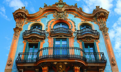Colorful Ornate Facade of Historic Building in Barcelona, Detailed Striped Architecture Against Summer Sky, European City Travel Destination