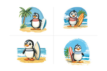 Cute Penguin With Surfboard on Tropical Beach Adventure