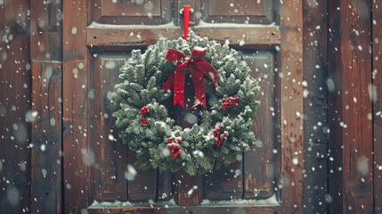 Christmas wreath hanging on a wooden door with a red ribbon, with snow falling