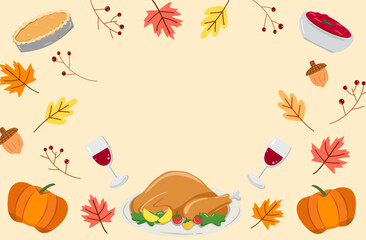 Thanksgiving day border, Autumn and fall season border frame decorate with autumns leaves, maple, pumpkin and thanksgiving dinner