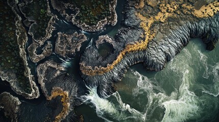 Obraz premium Aerial View of a River Flowing Through Rocky Terrain