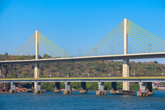 Panaji, Goa, India. View of Atal Setu Bridge between Panaji and Porvorim is 5.1 kilometres long, making it the third longest cable-stayed bridge in India.