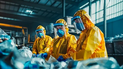 Three workers in yellow hazmat suits and safety face shields inspect and scan materials in a dimly lit industrial environment, reflecting diligence and health safety in hazardous workplaces.
