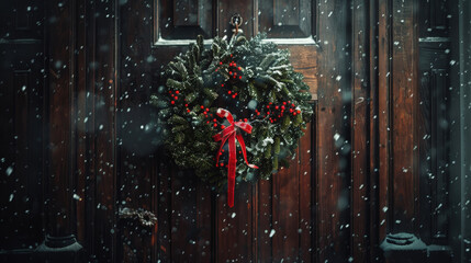 Christmas wreath hanging on a wooden door with a red ribbon, with snow falling