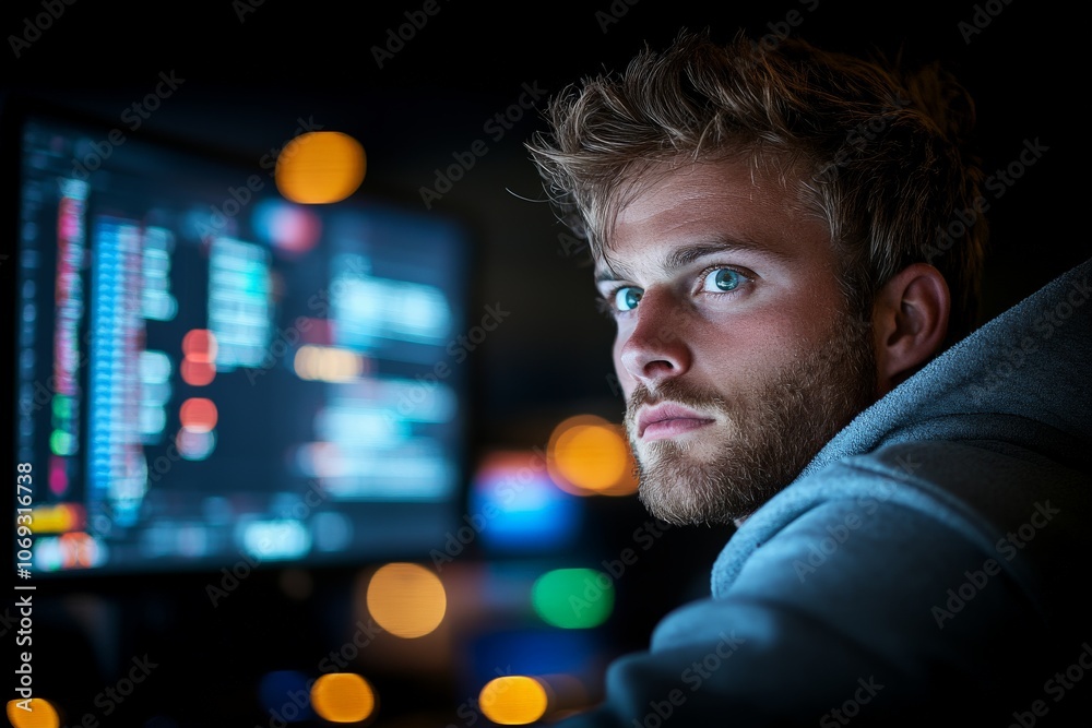 Poster a dedicated programmer intensely focused on the computer screen, surrounded by code and glowing comp