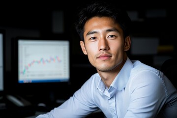 Fototapeta premium A focused man sits by his computer monitor analyzing market trends, filled with charts and graphs indicating business analysis and economic forecast.