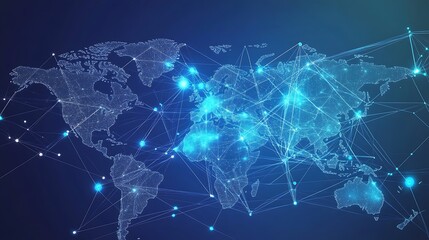 Obraz premium A dark blue map of the world with glowing white dots and lines connecting them, showing global interconnectedness. It is a modern, technological visualization of world connections.