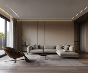 Aesthetic elegant minimalist modern interior design. Clear mock up empty wall for decoration in the apartment. Copy space in the room. Neutral palette of natural colors.
