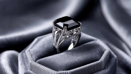 Obsidian Ring with Silver Setting on Velvet Cushion, Elegant Display