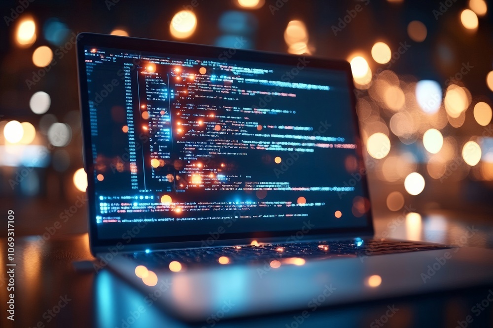 Poster a laptop showcases programming code, illuminated by colorful bokeh lights in the background, represe