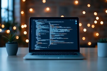 A laptop displaying lines of code is shown against a backdrop of warm, blurred bokeh lights, suggesting a blend of technology with aesthetic appeal.