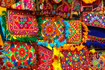 Beautiful handcrafted bags at street market in Anjuna, Goa, India.