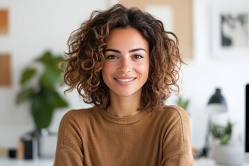 A cheerful woman with curly hair is pictured indoors wearing a sweater, embodying warmth and friendliness in a modern, cozy environment with natural lighting.