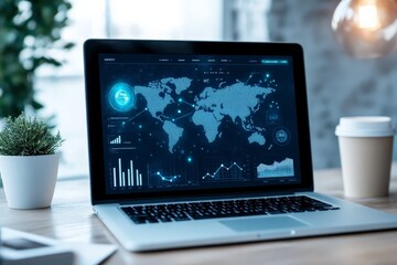 A laptop screen showcases an illustrative global network interface with various geographic graphics, highlighting connectivity, analysis, and technology-related workflows.