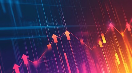 An abstract, colorful graph with rising arrows and lines suggests growth and upward trends. Its gradient hues of blue, purple, and orange add visual depth and dynamism.