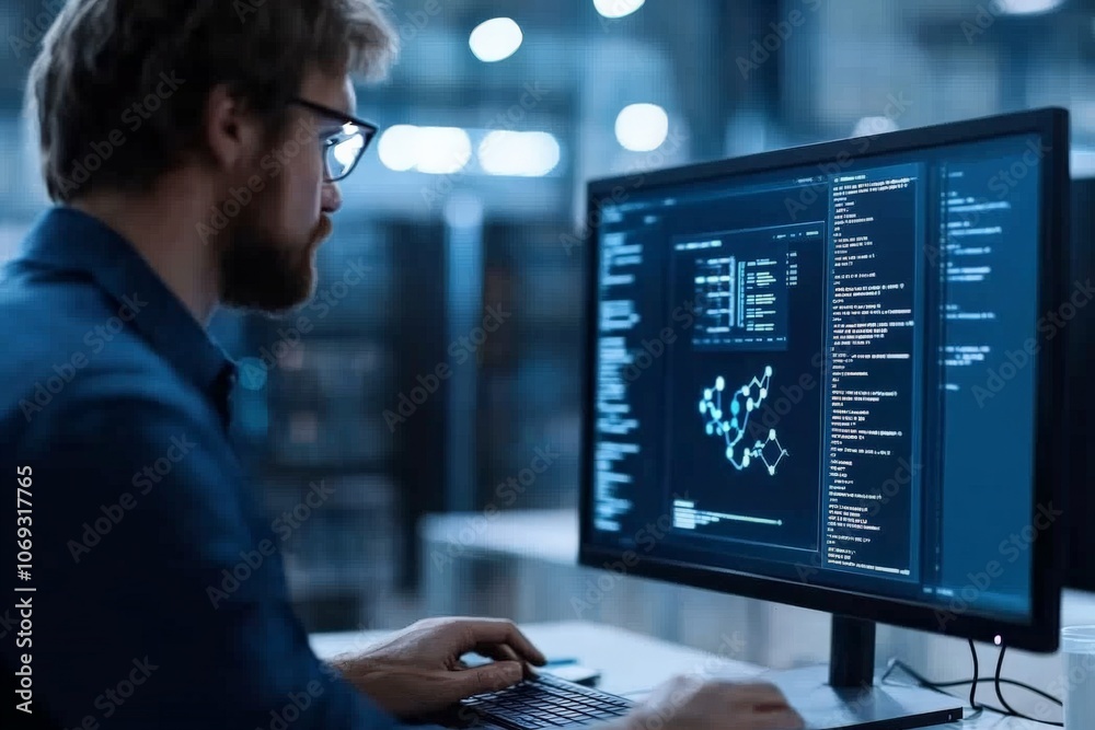 Poster a bearded man typing code using multiple monitors in dim lighting, exemplifying the tech industry’s 