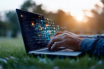 A pair of hands energetically types on a laptop, with digital data and glowing elements emerging, symbolizing innovation and technology amidst a natural setting.