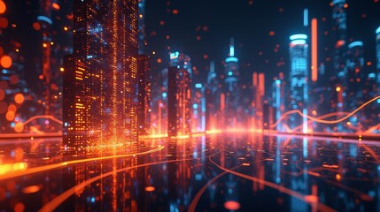 Obraz premium A glowing, futuristic city with neon lights and illuminated pathways in orange and blue, creating a high-tech, sci-fi atmosphere.