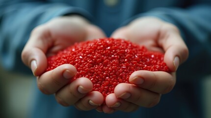 Close-up of hands holding red polymer granules in factory