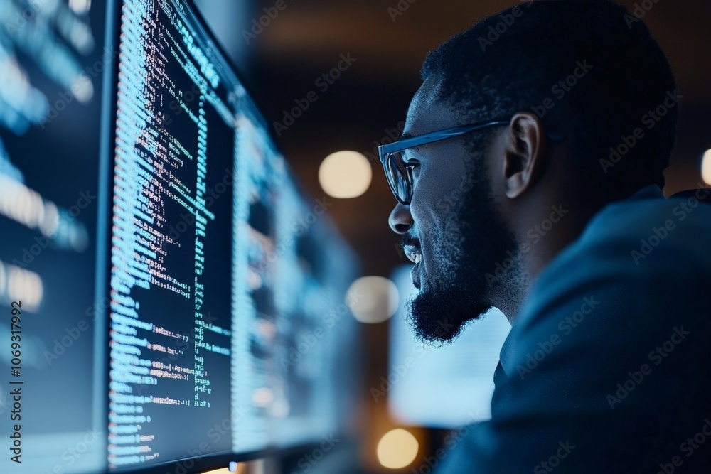 Poster a man intensely focuses on debugging code on dual monitors in a dimly lit room, emphasizing problem-