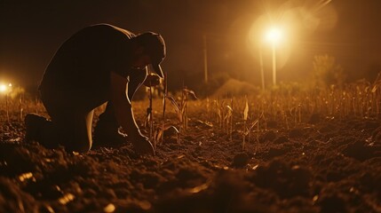 Young farmers examining planted corn at night for sustainable agriculture development