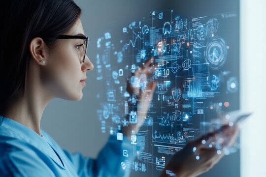 A woman in glasses interacts with a digital interface projected in mid-air, showcasing advancements in virtual and augmented reality technology in a digital era context.
