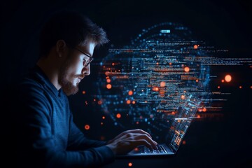 A focused programmer works on a laptop amidst swirling digital code, capturing the essence of coding and software development in the digital age.