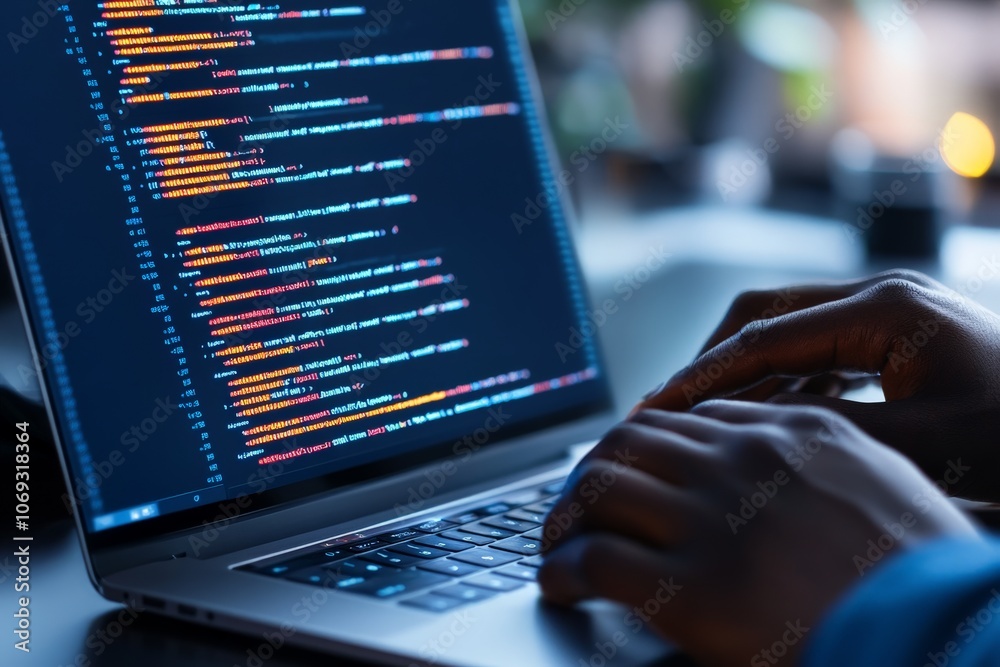 Poster a focused programmer types code on a laptop, indicating concentration and precision in the digital w