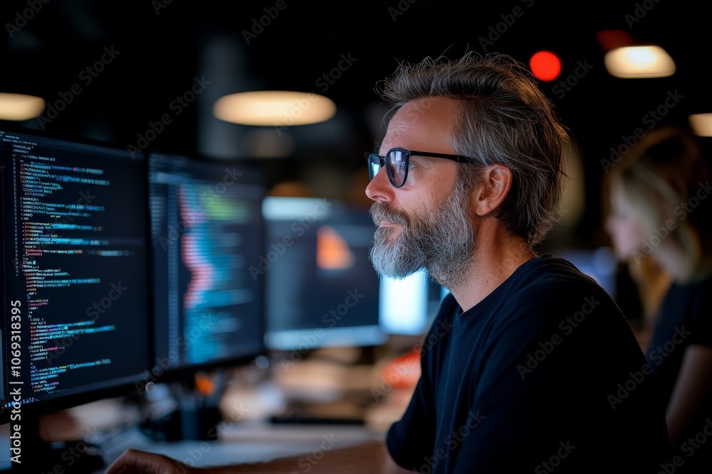 Poster a focused individual engages in coding with dual monitors, representing dedication and expertise in 
