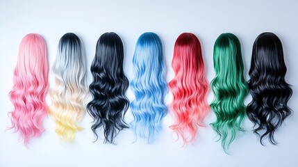 Back view of various colorful long wigs for women in black green blue and red isolated on white