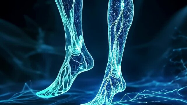 The digital artwork captures human legs transformed into a bioluminescent neural structure, glowing blue, on a dark backdrop, hinting at concepts of digital evolution and technology entwining with